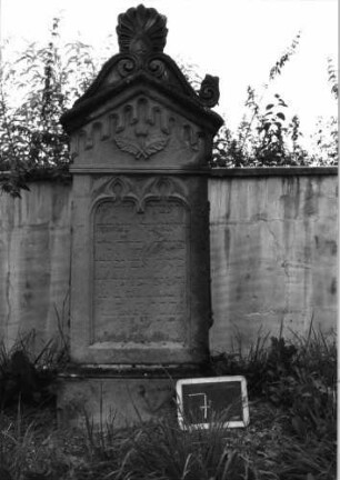 Grabstein 7 (Index: 99936891) Material: Sandstein Zustand: stark verwittert mit Textverlust Maße HxBxT: 155x52x24 cm Beschreibung: Stele, profilierter Sockel, giebelartiger Abschluß mit Verdachung und Volutenaufsatz mit Mittelakroter, Schriftfeld eingetieft mit zwei Spitzbogenabschlüssen Symbolik: Eichenlaub und Eicheln unter dem Abschluß, nach unten gesenkte Fackeln an beiden Seiten, Maßwerk, gestelztes Rundbogenfries: Grabstein 7
