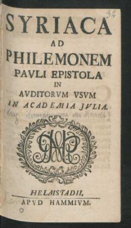 Syriaca ad Philemonem Pauli Epistola In Auditorum Usum In Academia Iulia