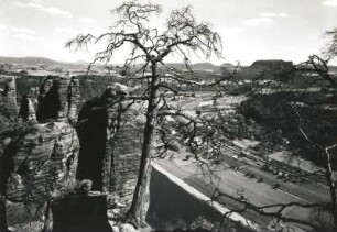 Sächsische Schweiz. Blick von der Bastei über Steinschleuder und Sieberturm nach Südost