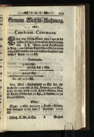 Gemeine Wechsel-Rechnung, oder Cambium Commune