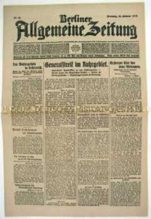 Tageszeitung "Berliner Allgemeine Zeitung" zum Generalstreik im Ruhrgebiet und den Wahlen in Österreich