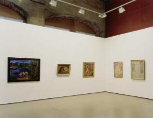 Frau im Boot : Raumaufnahme mit Gemälden von Erich Heckel "Badende am Teich", Max Pechstein "Am Strand von Nidden" und Otto Mueller "Frau im Boot" in der Abteilung "Badende". Ausstellung: Dresden. Residenzschloss, Galerie Neue Meister; Die Brücke in Dresden 1905-1911, 20.10.2001-06.01.2002