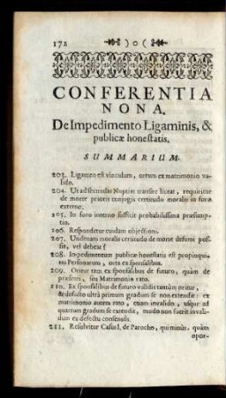 Conferentia Nona. De Impedimento Ligaminis, & publicae honestatis