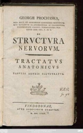 Georgii Prochaska, Med. Doct. Et Professoris Anatomiae Morborvmqve Ocvlorvm in Antiqvissima Ac Celeberrima Vniversitate Carolo-Ferdinandea Pragensi Caes. Reg. P. Ac O. De Strvctvra Nervorvm : Tractatvs Anatomicvs Tabvlis Aeneis Illvstratvs