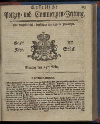 11tes Stueck, Montag den 14ten Maerz 1803