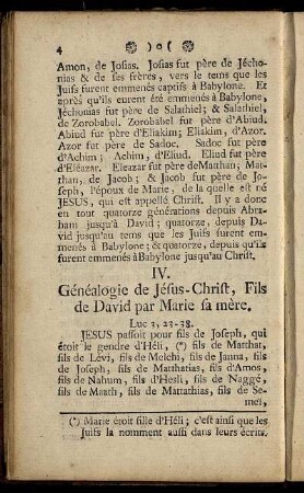 IV. Généalogie de Jésus- Christ, Fils de David par Marie fa mère.
