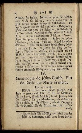 IV. Généalogie de Jésus- Christ, Fils de David par Marie fa mère.