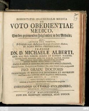 Dissertatio Inauguralis Medica De Voto Obedientiae Medico,