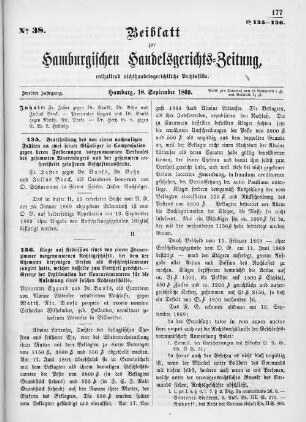 Beiblatt zur hamburgischen Handelsgerichts-Zeitung No. 38. Zweiter Jahrgang. Hamburg, 18. September 1869.