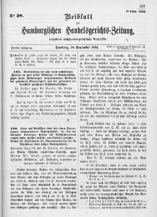 Beiblatt zur hamburgischen Handelsgerichts-Zeitung No. 38. Zweiter Jahrgang. Hamburg, 18. September 1869.