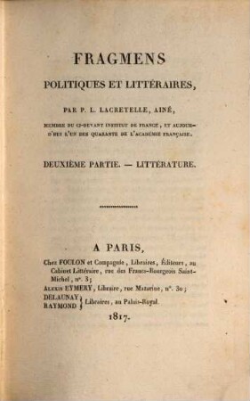 Fragmens politiques et littéraires. 2, Littérature