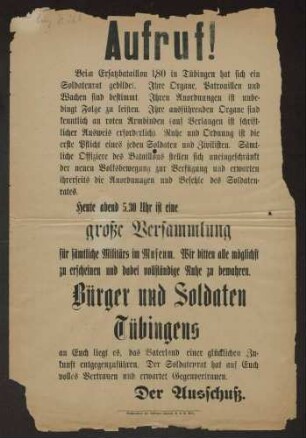 Erste Maßnahmen des Soldatenrats Tübingen, Einladung zu einer Soldatenversammlung, "Aufruf !", Ausschuss des Soldatenrats Tübingen, 46x31 cm