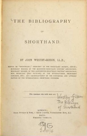 The Bibliography of Shorthand : By John Westby-Gibson