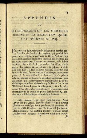 Appendix ou Eclaircissemens sur les Theistes de Boheme et la persecution, qu'ils ont eprouvee en 1783.