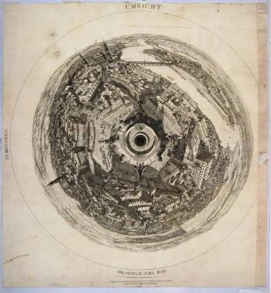 Rundumsicht oder Rundpanorama von Dresden von der Kuppel der Frauenkirche, unkoloriert und ohne Legende