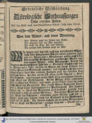 Ordentliche Beschreibung und Astrologische Muthmassungen Dises 1757sten Jahrs.