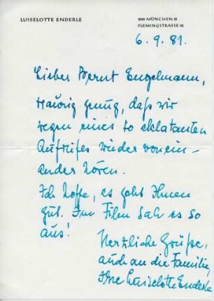 Korrespondenz von Luiselotte Enderle an Bernt Engelmann