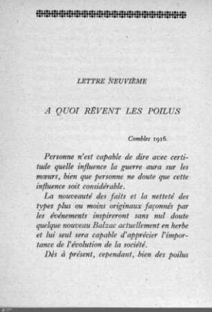 Lettre neuvième: Q quoi rêvent les poilus