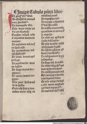 Vita Christi : P. 1-2. Mit Tabula