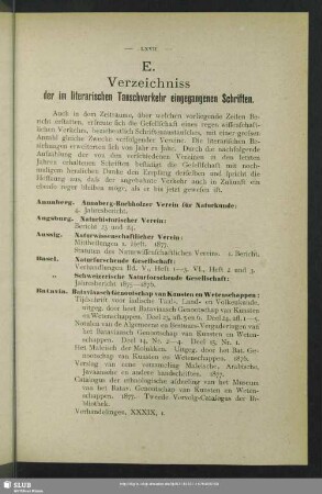 E. Verzeichniss der im literarischen Tauschverkehr eingegangenen Schriften