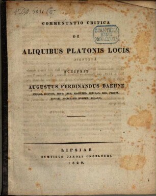 Commentatio critica de aliquibus Platonis locis