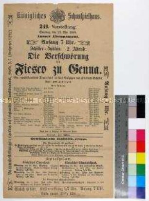 Programm des Königlichen Schauspielhauses Dresden für die Aufführung von "Die Beschwörung des Fiesco zu Genua" am 23. Mai 1909