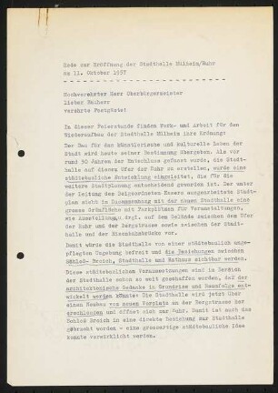 Stadthalle, Mülheim an der Ruhr Umbau: Dreiseitiges Schriftstück: Rede zur Eröffnung der Stadthalle
