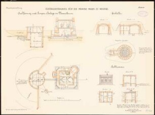 Zentralgefängnis für die Provinz Posen, Wronke: Wasserturm - Quellfassung und Pumpenanlage: Grundriss und Schnitte 1:100. Eiskeller: Grundriss Erdgeschoss, Längsschnitt, Querschnitte 1:100. Rollkammer: Grundriss Erdgeschoss, Aufriss, S