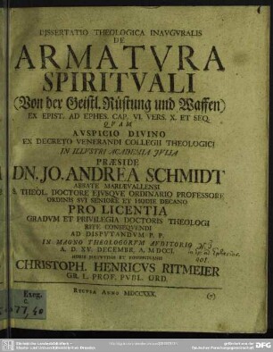 Dissertatio Theologica Inauguralis Armatura Spirituali ... Ex Epist. Ad Ephes. Cap. VI. Vers. X. Et Seq.