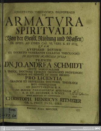 Dissertatio Theologica Inauguralis Armatura Spirituali ... Ex Epist. Ad Ephes. Cap. VI. Vers. X. Et Seq.