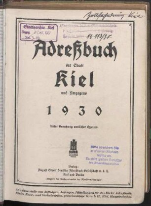1930: Adreßbuch der Stadt Kiel und Umgegend 1930