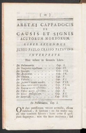 Aretaei Cappadocis De Causis Et Signis Acutorum Morborum Liber Secundus
