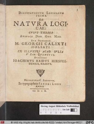 Disputationum Logicarum Prima De Natura Logicae