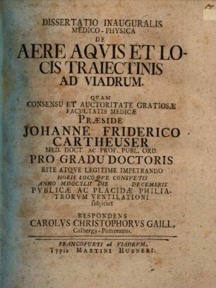 Dissertatio Inauguralis Medico-Physica De Aere Aqvis Et Locis Traiectinis Ad Viadrum