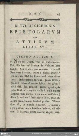 Epistolarum Ad Atticum Liber XVI