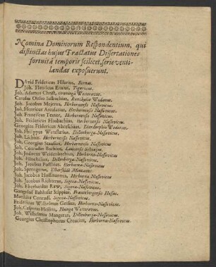 Nomina Dominorum Respondentium, qui distinctas huius Tractatus Dissertationes fortuita temporis scilicet, serie ventilandas exposuerunt