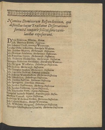 Nomina Dominorum Respondentium, qui distinctas huius Tractatus Dissertationes fortuita temporis scilicet, serie ventilandas exposuerunt