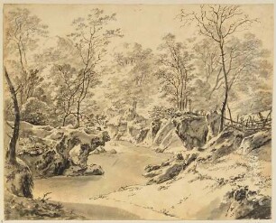 Landschaft mit Felspartie und Baumgruppe