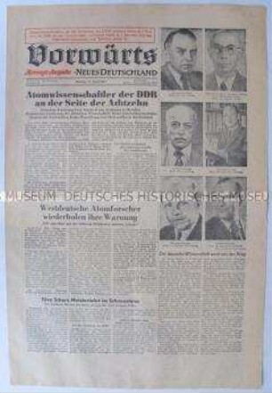 Wochenzeitung "Vorwärts" als Montags-Ausgabe des "ND" u.a. zum Widerstand von Wissenschaftlern aus der DDR und der BRD gegen die Stationierung von Atomwaffen in der Bundesrepublik
