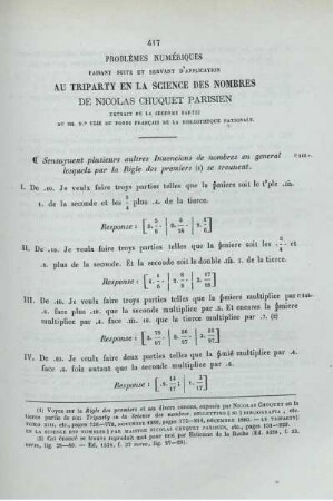 Problèmes numériques faisant suite et servant d'application au Triparty en la science des nombres de Nicolas Chuquet Parisien.