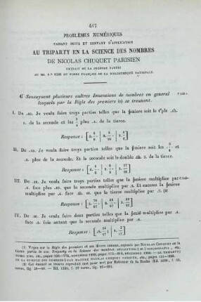 Problèmes numériques faisant suite et servant d'application au Triparty en la science des nombres de Nicolas Chuquet Parisien.