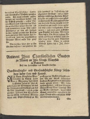 Antwort Ihrer Churfürstlichen Gnaden zu Maintz an Ihre Königl. Mayestät in Schweden