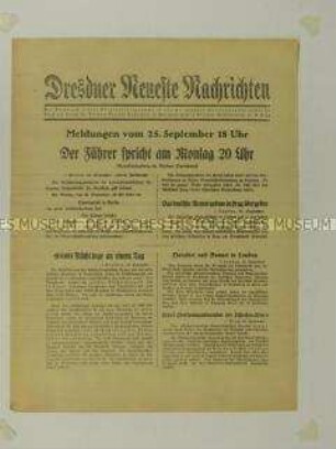 Nachrichtenblatt der "Dresdner Neueste Nachrichten" mit der Ankündigung einer Rede Hitlers zur Lage im Sudetenland
