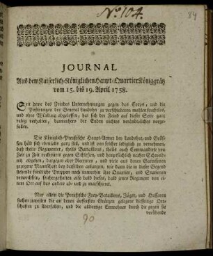 Journal Aus dem Kaiserlich-Königlichen Haupt-Quartier Königgrätz vom 15. bis 19. April 1758