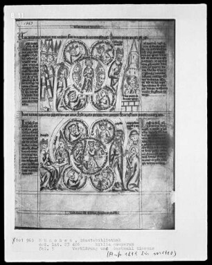 Biblia pauperum — Bildseite mit zwei Gruppen typologischer Szenen, Folio 5recto