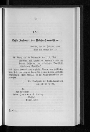 IV. Erste Antwort der Reichs-Kommission.