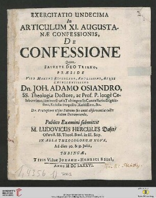 Band 11: Exercitatio Theologica ... In Articulum Augustanae Confessionis: Exercitatio Undecima In Articulum XI. Augustanae Confessionis, De Confessione