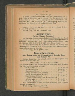 Bekanntmachung, betr. Öffnungszeiten der Hafenschleusen, Neuhofer Dreh- und Rethebrücke