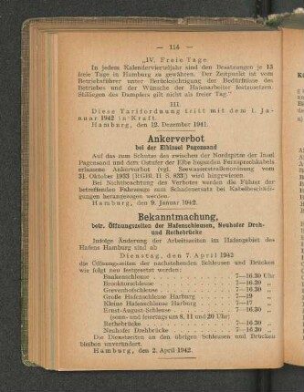 Bekanntmachung, betr. Öffnungszeiten der Hafenschleusen, Neuhofer Dreh- und Rethebrücke