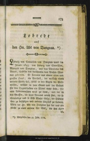Lobrede auf den Hn. Abt von Dangeau
